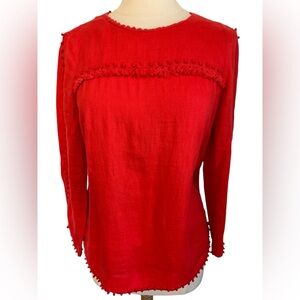 J Crew 100% Linen Brunt Orange Top w/decorative embroidered fringe detail Size 8